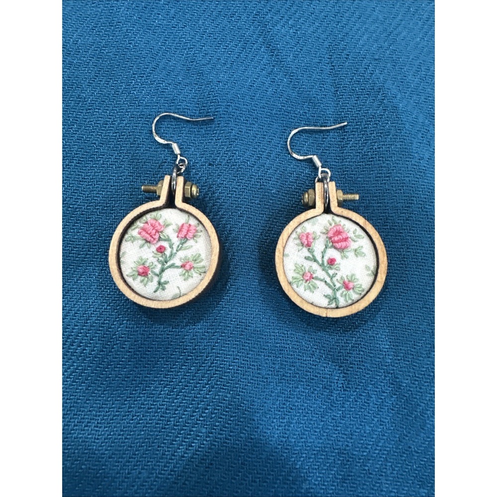 Handmade Embroidered Floral Miniature Hoop Dangle Earrings Sterling Hook Artisan